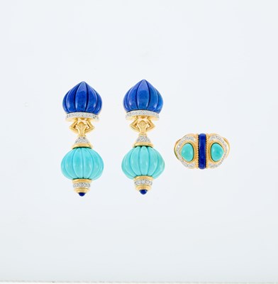 Lot 14 - Gold, Lapis, Turqoise and Diamond Ring and Pair of Pendant-Earrings