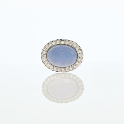 Lot 105 - White Gold, Blue Chalcedony, Diamond and Sapphire Ring