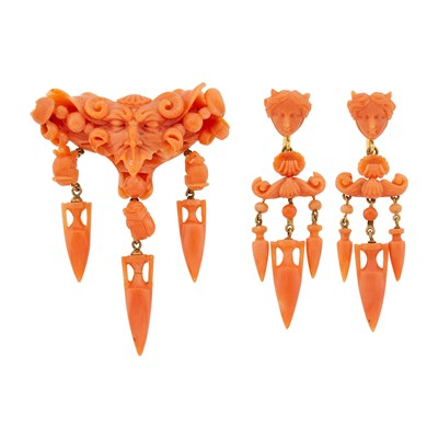 Lot 1026 - Antique Gold and Carved Coral Fringe Brooch and Pair of Pendant-Earclips, France