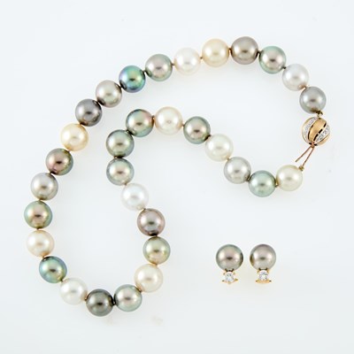 Lot 191 - Cultured and Tahitian Cultured Pearl Necklace with Two-Color Gold and Diamond Clasp and Pair of Gold, Tahitian Cultured Pearl and Diamond Earrings