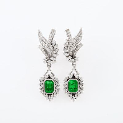 Lot 120 - Pair of White Gold, Emerald and Diamond Pendant-Earrings