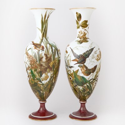 Lot 724 - Pair of French Hand-Painted Blown Glass Vase-Form Lamp Bases