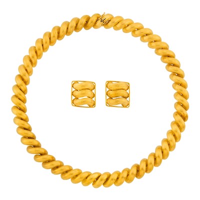 Lot 1026 - Tiffany & Co. Gold 'San Marco Link' Necklace and Pair of Earclips
