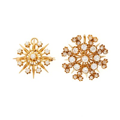 Lot 2134 - Two Gold and Diamond Starburst Pendant-Brooches