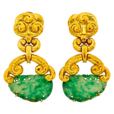Lot 2 - David Webb Pair of Hammered Gold and Carved Jade Pendant-Earclips
