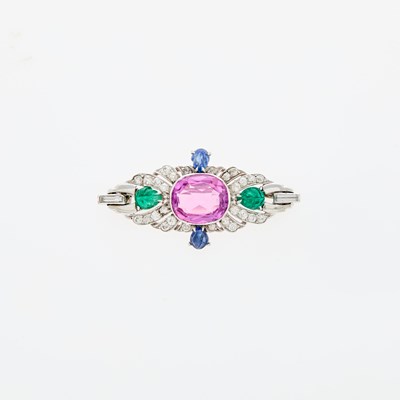 Lot 123 - Platinum, Synthetic Pink Sapphire, Carved Gem-Set and Diamond Pin