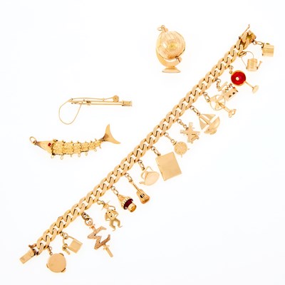 Lot 240 - Gold and Gem-Set Charm Bracelet and Charms