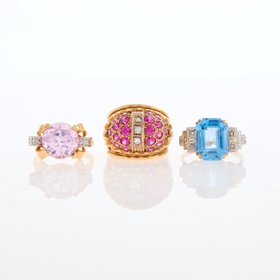 Lot 212 - Three Two-Color Gold, Diamond and Synthetic and Colored Stone Rings