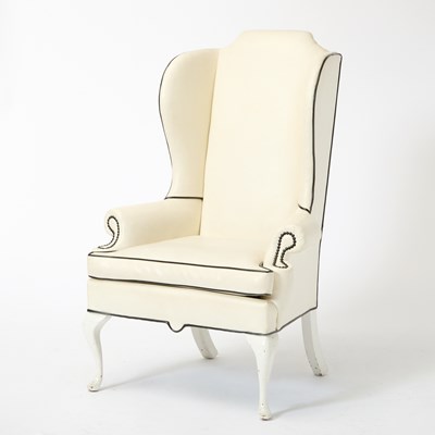 Lot 549 - George III Style White Leather Upholstered and Painted Wing Chair