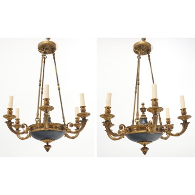 Lot 515 - Pair of Empire Style Gilt and Black Enameled Metal Six-Light Chandeliers