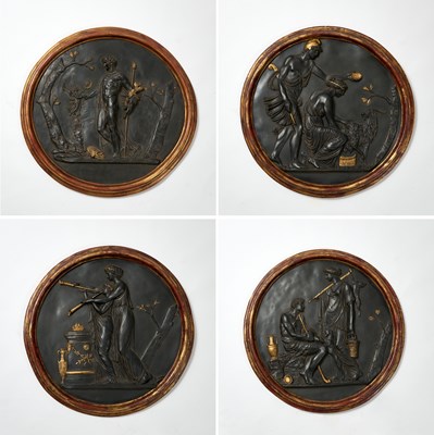 Lot 281 - Set of Four Neoclassical Style Framed Parcel-Gilt Ebonized Roundels