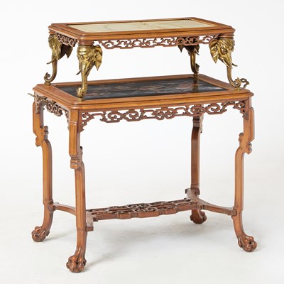 Lot 398 - French Japonisme Gilt-Bronze Mounted Onyx and Lacquer Inlaid Walnut Two-Tier Tea Table