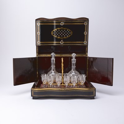 Lot 732 - Napoleon III Brass and Mother-of-Pearl-Inlaid Ebonized Cave à Liqueur