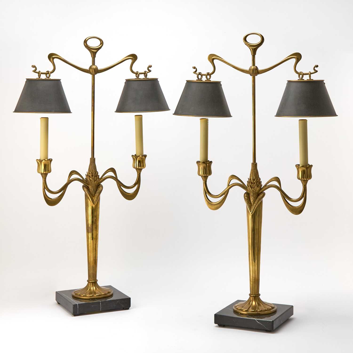 Lot 79 - Pair of Art Nouveau Style Brass Two-Light Candelabra Table Lamps