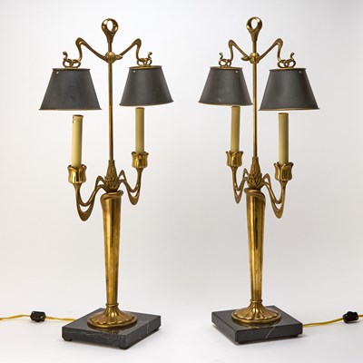Lot 79 - Pair of Art Nouveau Style Brass Two-Light Candelabra Table Lamps