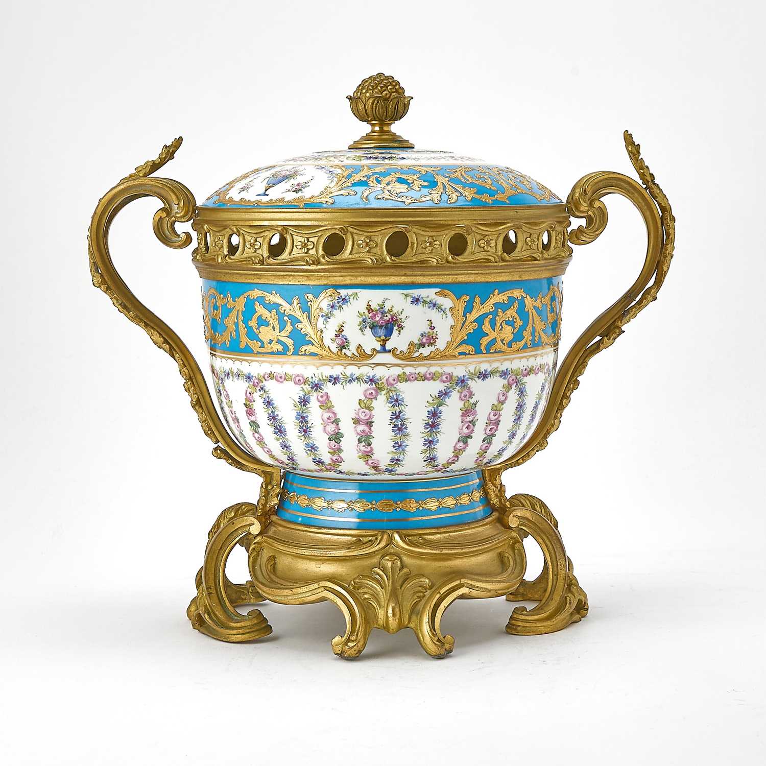 Lot 94 - Sèvres Style Gilt-Metal-Mounted Turquoise-Ground Porcelain Two-Handled Footed Potpourri and Cover