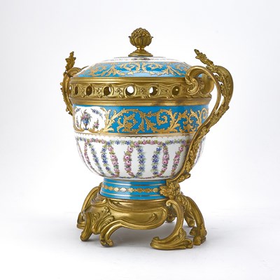 Lot 94 - Sèvres Style Gilt-Metal-Mounted Turquoise-Ground Porcelain Two-Handled Footed Potpourri and Cover
