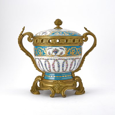 Lot 94 - Sèvres Style Gilt-Metal-Mounted Turquoise-Ground Porcelain Two-Handled Footed Potpourri and Cover