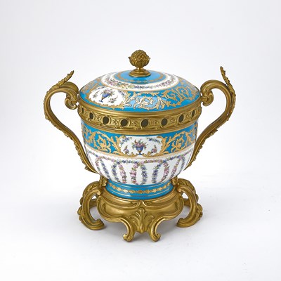 Lot 94 - Sèvres Style Gilt-Metal-Mounted Turquoise-Ground Porcelain Two-Handled Footed Potpourri and Cover