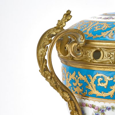 Lot 94 - Sèvres Style Gilt-Metal-Mounted Turquoise-Ground Porcelain Two-Handled Footed Potpourri and Cover