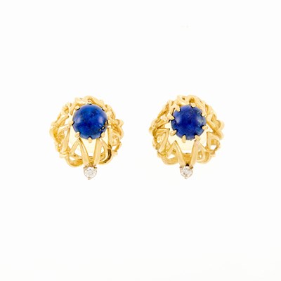 Lot 41 - Pair of Gold, Lapis and Diamond Dome Earrings