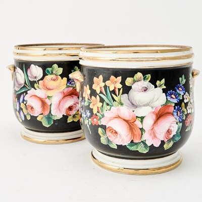 Lot 290 - Pair of Napoleon III Black Floral Painted Porcelain Cache Pots