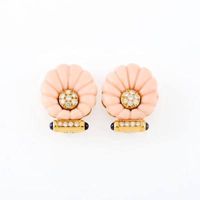 Lot 15 - Pair of Gold, Carved Angel Skin Coral, Cabochon Sapphire and Diamond Earclips