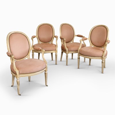 Lot 1047 - Set of Four Louis XVI Painted and Parcel Gilt Fauteuils