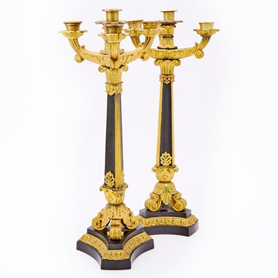 Lot 591 - Pair of Restauration Patinated and Gilt-Bronze Four-Light Candelabra