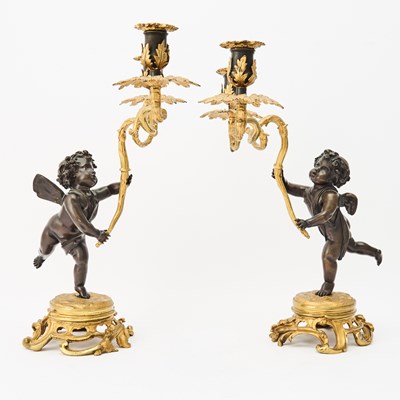 Lot 584 - Pair of Louis XV Style Gilt and Patinated Bronze Figural Two-Light Candelabra