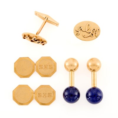 Lot 161 - Three Pairs of Gold and Lapis Cufflinks