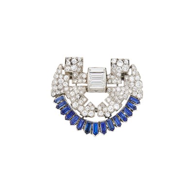 Lot 1132 - Platinum, Diamond and Synthetic Sapphire Clip-Brooch