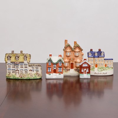Lot 216 - Group of Five Staffordshire Pottery Cottage-Form Banks or Pastille Burners