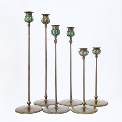 Lot 221 - Group of Six Tiffany Studios Patinated Bronze and Green Favrile Glass Blow-Out Candlesticks