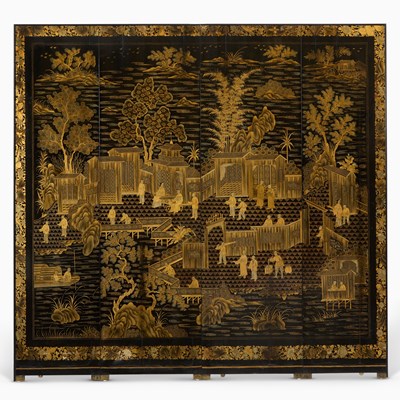 Lot 139 - Chinese Gilt and Black Lacquered Four-Panel Floor Screen