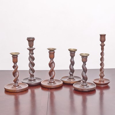 Lot 284 - Group of Six Victorian Oak and Brass Spiral-Turned Candlesticks
