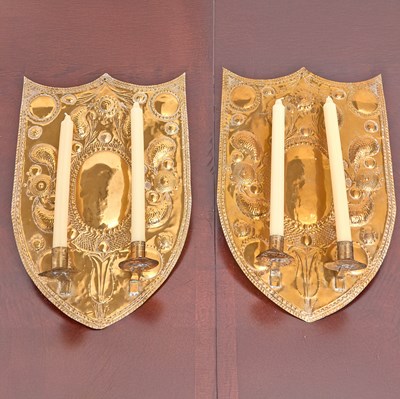 Lot 266 - Pair of English Repoussé Brass Shield-Form Two-Arm Candle Sconces