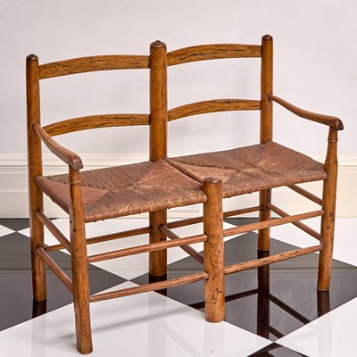 Lot 347 - Shaker Style Double Chair-Back Stained Wood and Rush Settee