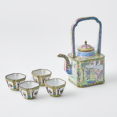 Lot 154 - Chinese Canton Enamel Teapot with Four Cups