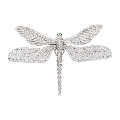 Lot 17 - Oversized White Gold, Cubic Zirconia and Cabochon Emerald Dragonfly Brooch