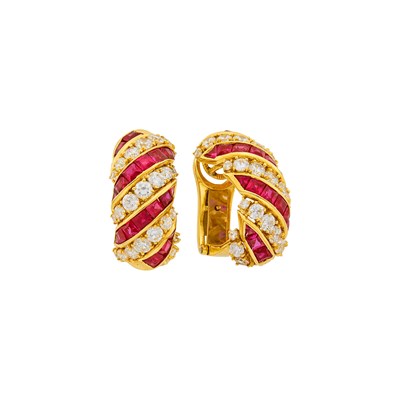 Lot 18 - Pair of Gold, Cubic Zirconia and Synthetic Ruby Earrings