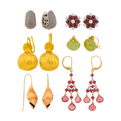 Lot 20 - Group of Gold, Platinum, Silver, Diamond and Colored Stone Earrings