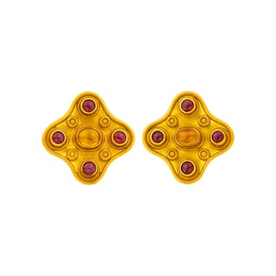 Lot 21 - Reinstein Ross Pair of High Karat Gold, Cabochon Citrine and Ruby Earclips