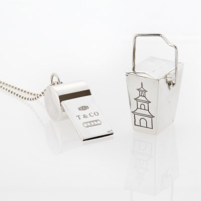Lot 8 - Tiffany & Co. Silver '1837' Whistle Pendant with Long Chain Necklace and Chinese Take-Out Box Pendant
