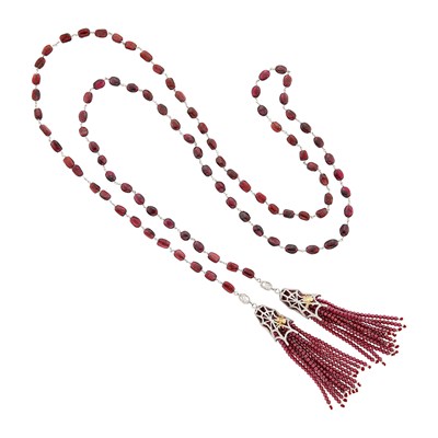 Lot 32 - Two-Color Gold, Garnet Bead, Diamond and Colored Diamond Tassel Necklace