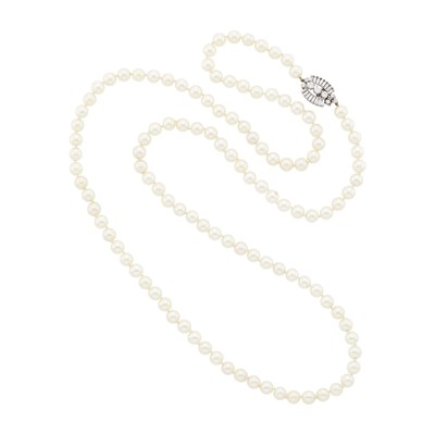 Lot 37 - Long Cultured Pearl Necklace with Platinum and Diamond Clasp