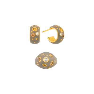 Lot 41 - Gold, Titanium, Diamond and Colored Diamond Dome Ring and Pair of Hoop Earrings