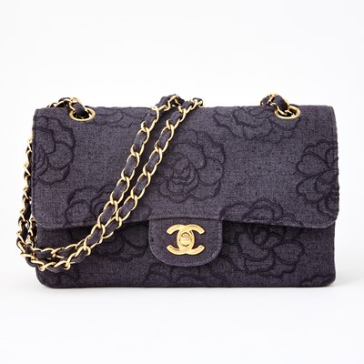 Lot 46 - Chanel Blue Canvas Embroidered Camellia Double Flap Bag