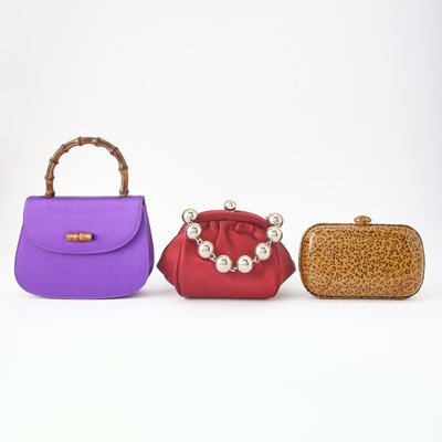 Lot 53 - Gucci Purple Satin and Bamboo Bag, Bottega Veneta Leopard Print Clutch and Tiffany & Co. Evening Bag