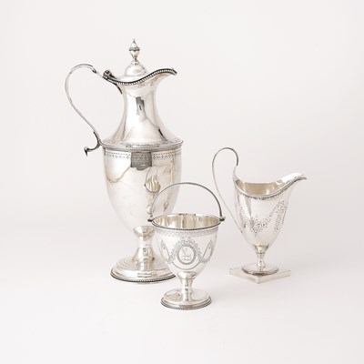 Lot 108 - George III Sterling Silver Coffee Pot, Cream Jug, and Sugar Basket